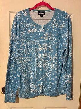 Lands' End Light Blue Bandana-Print Button Cardigan
